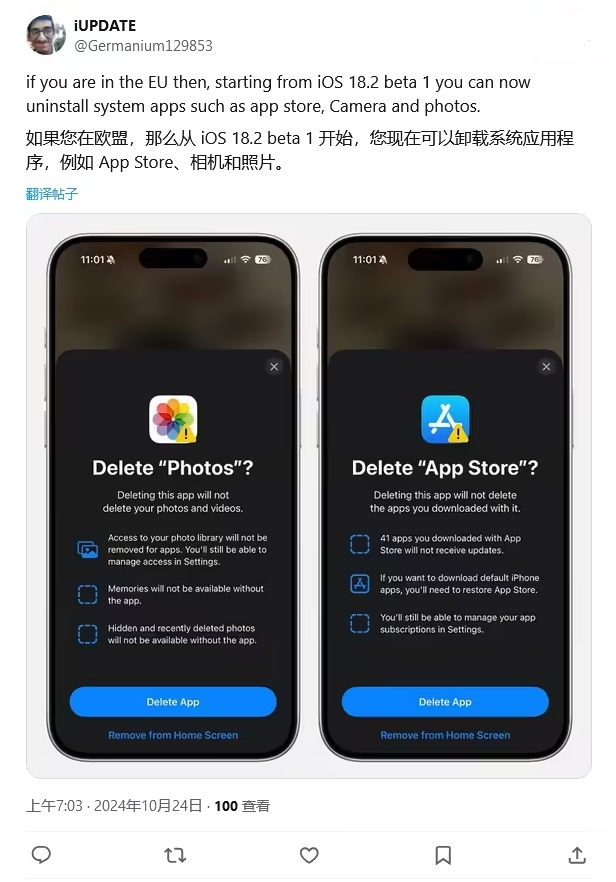 郁南苹果手机维修分享iOS 18.2 支持删除 App Store 应用商店 