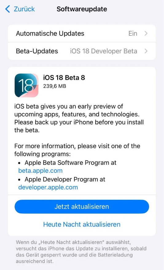 郁南苹果手机维修分享苹果 iOS / iPadOS 18 开发者预览版 Beta 8 发布 